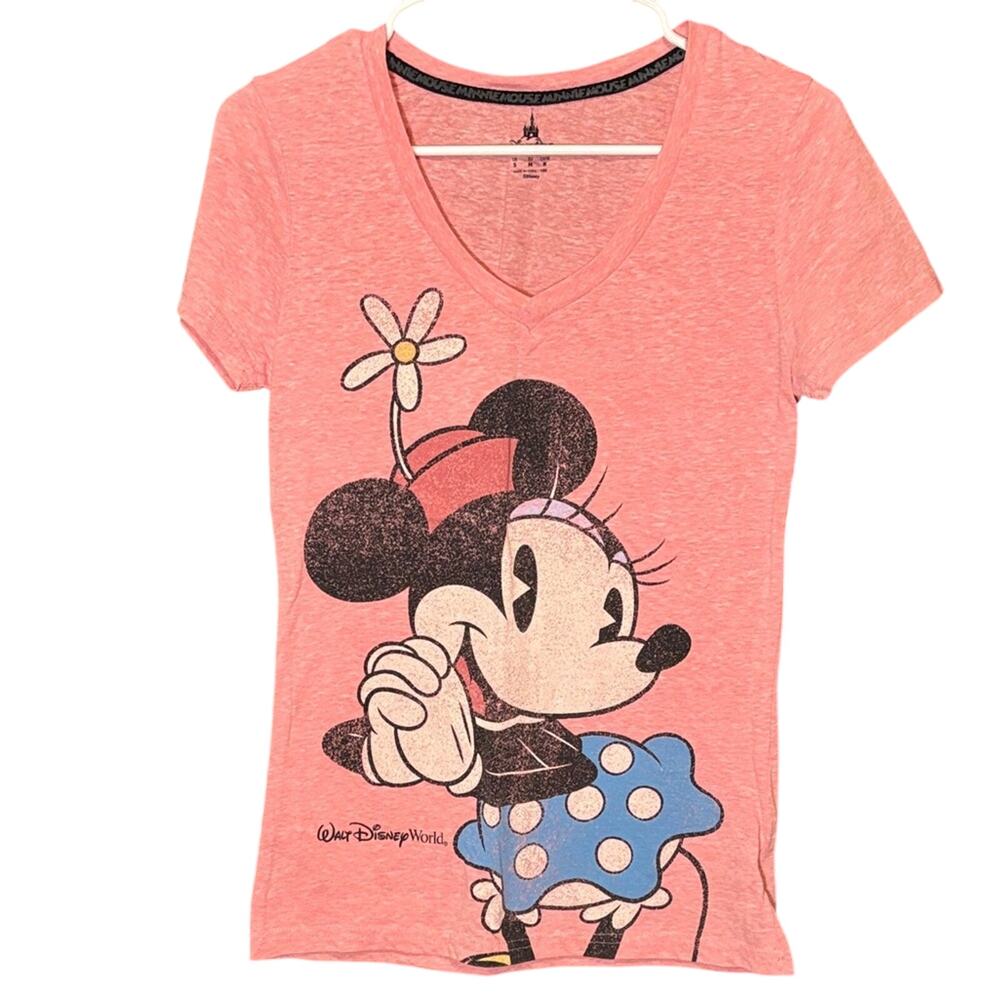 Disney Parks Minnie Mouse Graphic Tee Pink V Neck T Shirt Womens Small